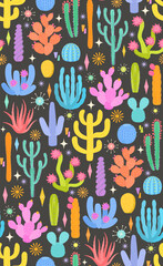 palm  springs cacti desert  and atomic age retro mid century modern geometric shapes starburst diamonds stars seamless pattern on dark midnight texture, vector illustration repeat design print