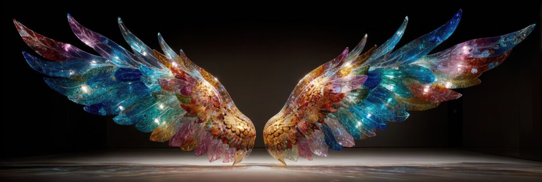 Pair of vibrant, multicolored wings, composed of faceted glass shards, creating a dazzling, ethereal display against a dark background
