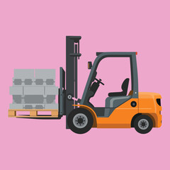 An illustration of a forklift in orange and gray, carrying a pallet loaded with gray blocks against a pink background.