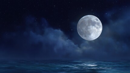 Bright full moon casts a silvery glow on dark ocean waters, creating a magical night