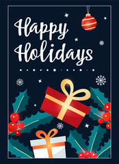 Christmas greeting card with gifts, holly, snowflakes, and festive decorations. Holiday vector design for winter celebrations