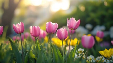Obraz premium Blooming tulips in spring garden close up view high resolution picture