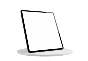 A sleek, modern black tablet, blank white screen, standing on a white circular platform against a seamless transparent background with copy space, concept of digital potential