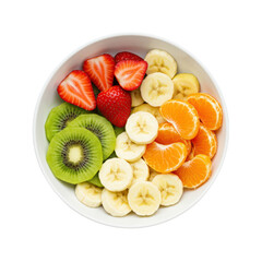 Overhead shot of vibrant, freshly cut kiwi, strawberry, banana, and mandarin fruit in a white bowl on a transparent background with soft studio light. Concept of balanced nutrition and natural