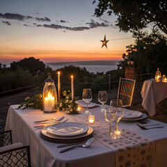 Fototapeta premium Romantic Sunset Dinner Table Setting: Elegant Outdoor Dining Experience with Candles and Ocean View