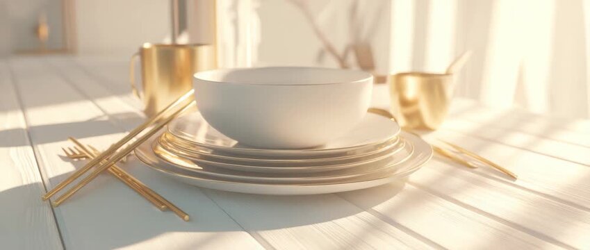 Elegant Dining Presentation: White Plates, Bowl, and Golden Utensils on a Sunny Table