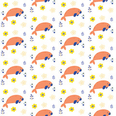 colorfull sea seals seaweeds and flower seamless pattern