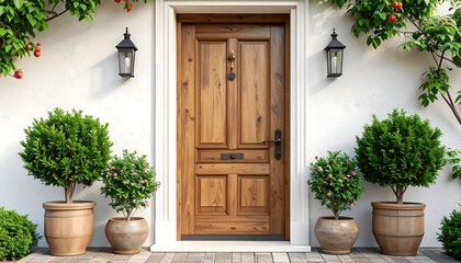 Elegant wooden front door of a classic house with a white facade, flanked by black lanterns and lush green topiary plants in terracotta pots