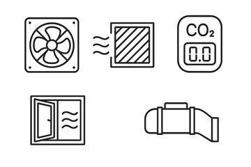 Air quality control outline icon set. Indoor ventilation concept with fan, air filter, and open window. HVAC duct and CO2 monitor sensor for fresh air system vector illustration.