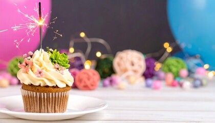 A charming birthday cupcake with a sparkler, decorated with buttercream frosting and floral accents, sits on a white plate, against a backdrop of colorful balloons and party decorations.