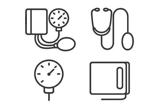 Blood pressure monitor outline icon set for medical and healthcare concepts. Vector sphygmomanometer, stethoscope, manometer gauge, and cuff for cardiology and hypertension.