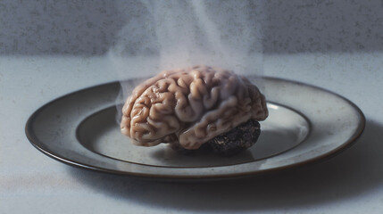A human brain on a plate with hot steam came from cooked brain
