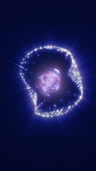 Abstract glowing shape resembling a cosmic energy sphere with radiant blue and purple highlights