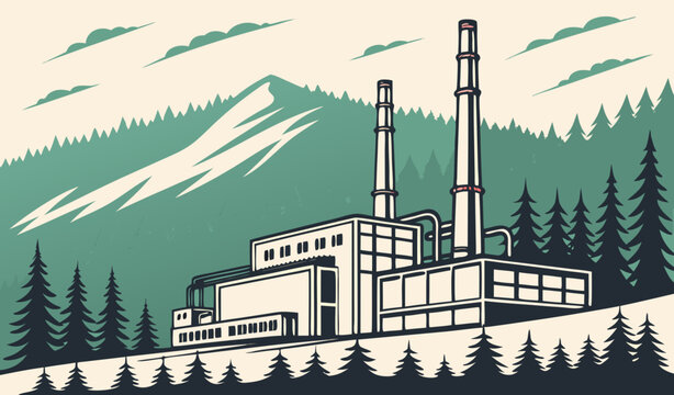 Factory complex with chimneys in a mountainous landscape, flat graphic style, forested background. Concept of industry and nature. Vector illustration