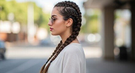 Young adult Middle Eastern woman wearing sunglasses standing in profile with braided hair, looking away from camera, neutral expression, soft lighting highlighting facial features