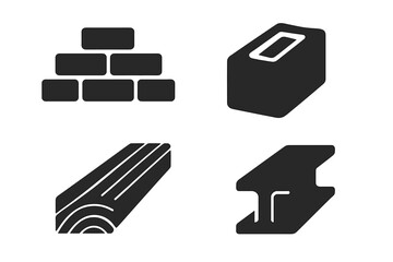 Construction material solid glyph icons set. Vector pictograms of building supplies. Bricks, concrete block, wood plank, timber, and steel i-beam. Industrial architecture elements.