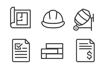 Construction line icon set. Vector outline symbols for building and architecture. Includes blueprint, hard hat, concrete mixer, checklist, bricks, and cost estimate icons.