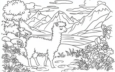 Fototapeta premium Cute alpacas in the mountains coloring book page, featuring fluffy alpacas grazing on green hills, with snow-capped mountains and a bright blue sky, relaxing and simple, 