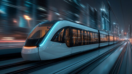 High speed futuristic train in motion, set against an urban blurred background for speed and innovation. Advanced transportation technology concept
