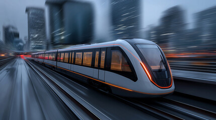 High speed futuristic train in motion, set against an urban blurred background for speed and innovation. Advanced transportation technology concept
