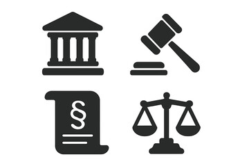Law and justice solid icon set. Vector symbols of courthouse, judge gavel, legal document, and scales. Concepts of supreme court, legislation, judgment, and government rights.