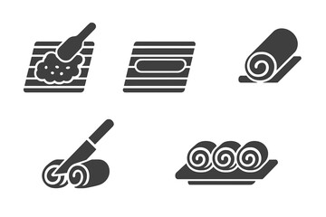 Sushi making process solid glyph icons set. Japanese food cooking steps instruction. Spreading rice, rolling with bamboo mat, slicing maki roll. Culinary recipe guide vector pictogram pack.