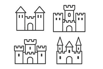 Medieval castle outline icon set. Flat fortress and historical architecture graphics. Ancient fantasy palace pictogram collection. Vector linear stronghold and citadel symbols.