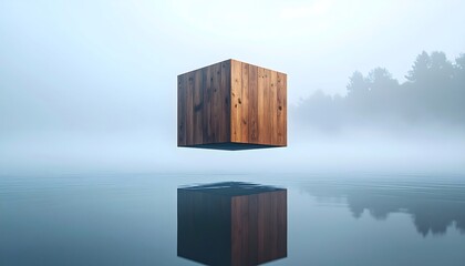 Floating Wooden Cube Reflection Misty Landscape.