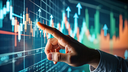 Photo of a hand points to a glowing stock market chart displaying upward trends and financial data on a digital screen