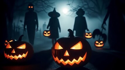 Spooky Halloween scene with glowing carved pumpkins and shadowy figures in a foggy dark forest at night - Powered by Adobe