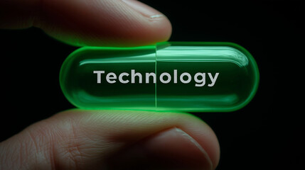 A hand holding glowing green capsule with white "Technology" text on it. Technology and health innovation concept


