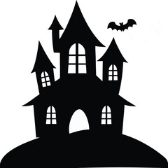 Old haunted castle silhouette with full moon background Halloween vector illustration spooky haunted scene design, Haunted castle silhouette vector, Spooky full moon haunted castle illustration