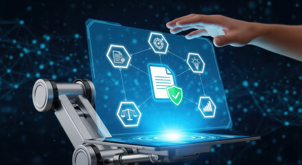 Robotic arm and human hand interact with a glowing digital interface, symbolizing secure document management, data protection, and artificial intelligence technology.