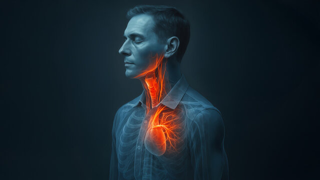 Medical image of man with highlighted inflamed throat and heart, representing allergy reaction, symptoms, immune response, and health risk.