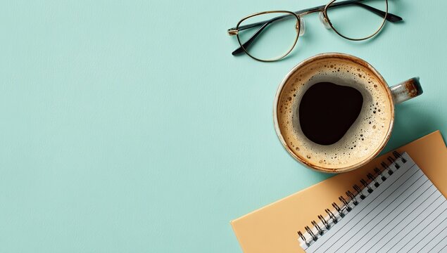Coffee, glasses, notebook on pastel teal background