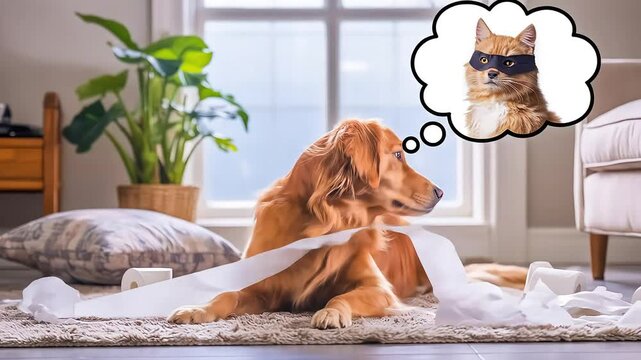 A guilty golden retriever sits in a toilet paper mess, comically thinking of the real culprit: a cat in a mask