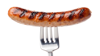 Grilled sausage on a fork isolated on transparent background