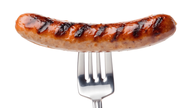 Grilled sausage on a fork isolated on transparent background