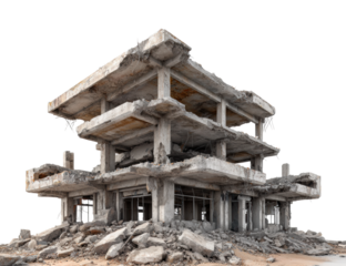 Abandoned building ruins urban area deterioration isolated on transparent background, png