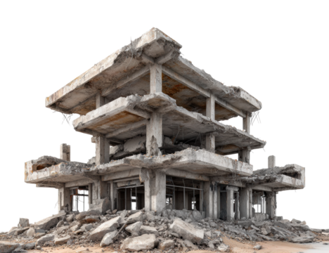 Abandoned building ruins urban area deterioration isolated on transparent background, png