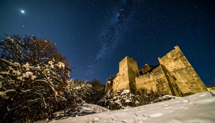 A majestic stone castle stands sentinel against a winter night sky, dusted with snow and sparkling stars.