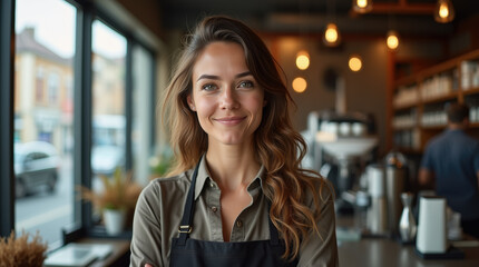 A confident young barista woman smiles warmly in a contemporary coffee shop setting, creating a welcoming atmosphere for customers.