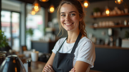 Confident young female barista with arms crossed smiles inside a cozy modern coffee shop, welcoming customers with a friendly atmosphere.
