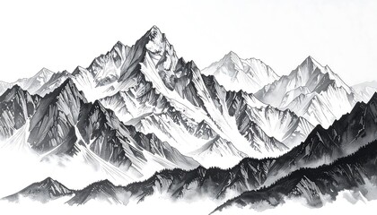 A monochrome landscape showcases a majestic mountain range, capped with snow, rendered in detailed shading.