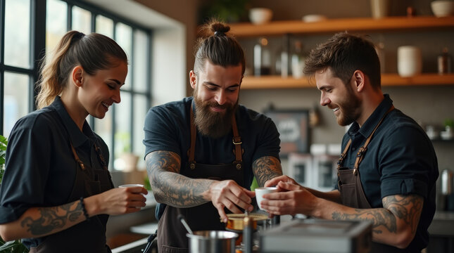 Group of tattooed baristas happily preparing coffee behind a counter in a cozy cafe, showing teamwork and a positive work atmosphere.