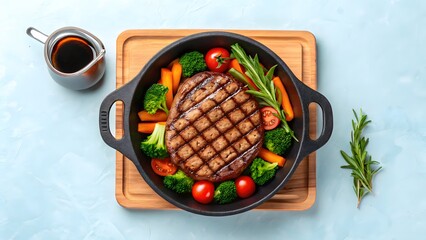 Grilled steak served with vegetables in a pan