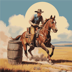 Vector illustration of cowboy riding a racing horse and Barrel