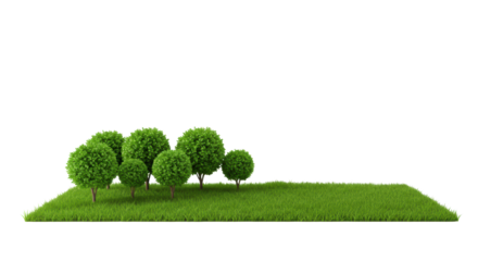 Pristine, idealized miniature landscape with lush green trees, manicured grass, smooth texture, isolated on transparent shadowless background with copy space, concept of sustainable development