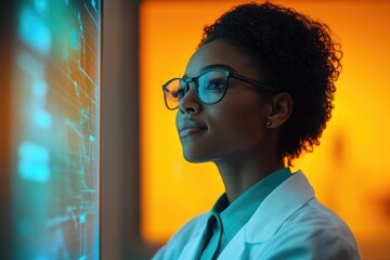 A female scientist wearing glasses examines complex data on a vibrant digital screen, deep in thought.
