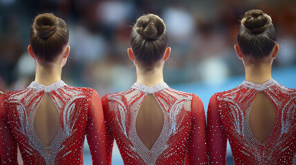Back view group of sportswoman gymnastics swimmer in swimsuit standing in swimming championship taking place
